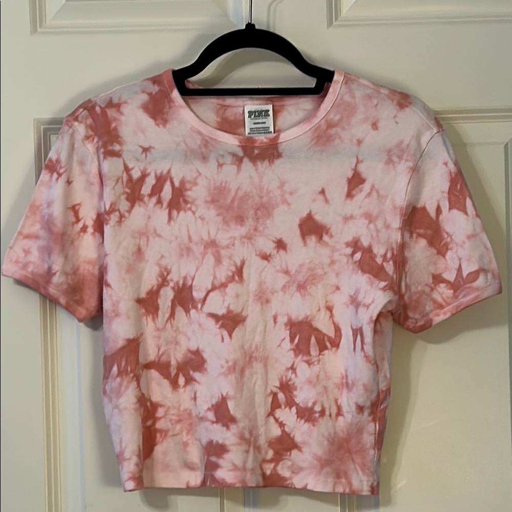Victoria's Secret Pink and White Tie Dye Crop Short Sleeve T Shirt